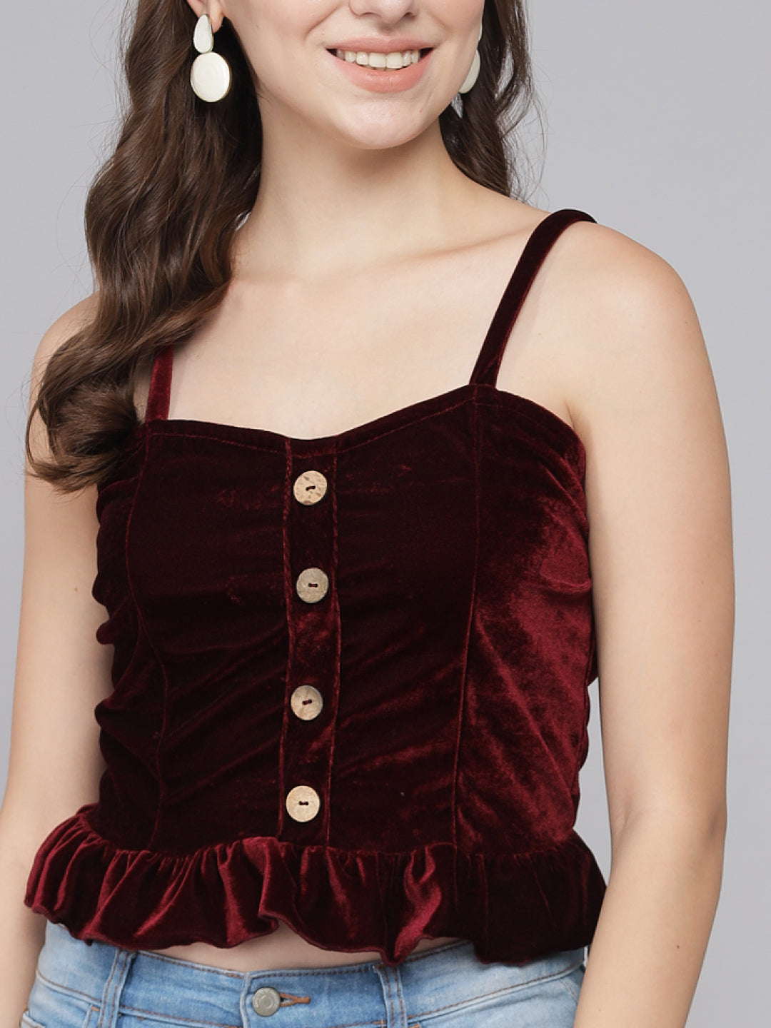 Hemline Ruffles Sleeveless Party Crop Top Maroon