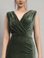 Deep V-Neck Sleeveless Bodycon Party Dress Dark Olive Green