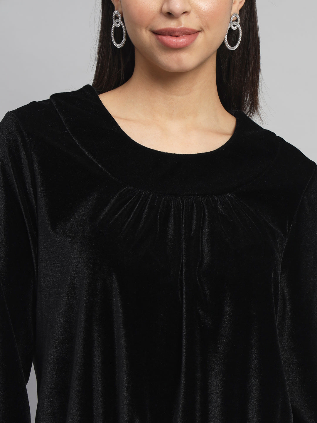 Round Neck Puff Sleeves Blouson Top Black