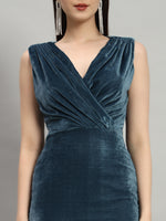 Deep V-Neck Shiny Velvet Sleeveless Party Dress Dark Teal