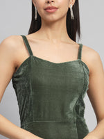 Maxi Sleeveless Velvet Square Neck Bodycon Dress Dark Olive Green