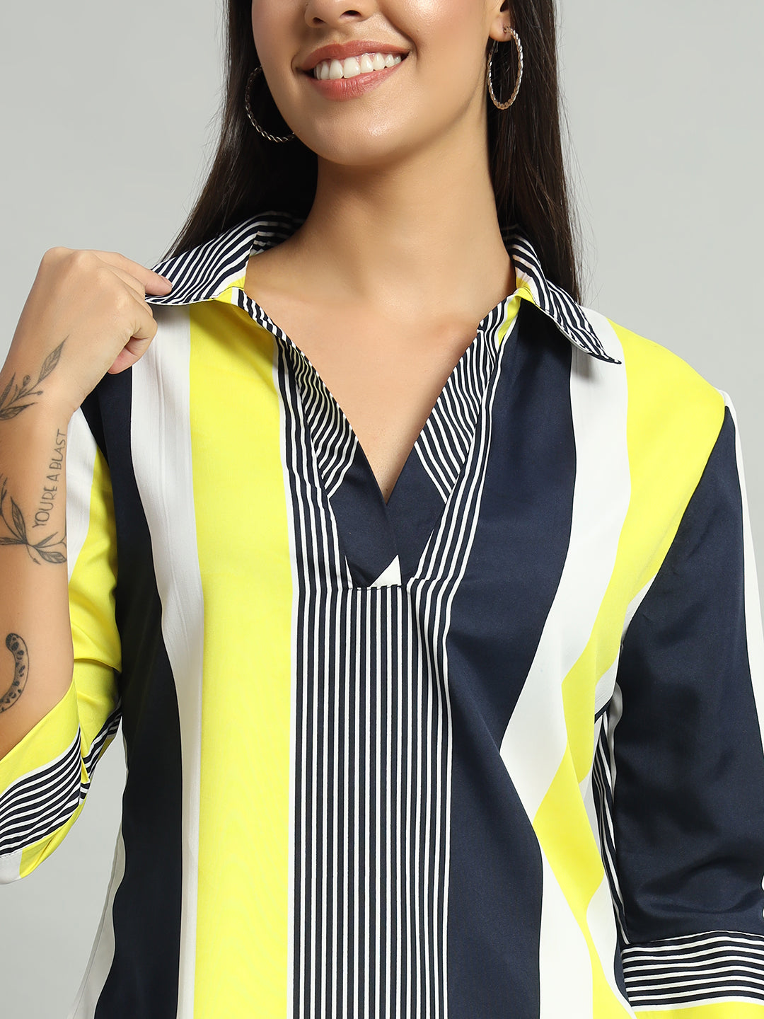 Crepe V-Neck Collared Quarter Sleeves Tops Lemon Yellow