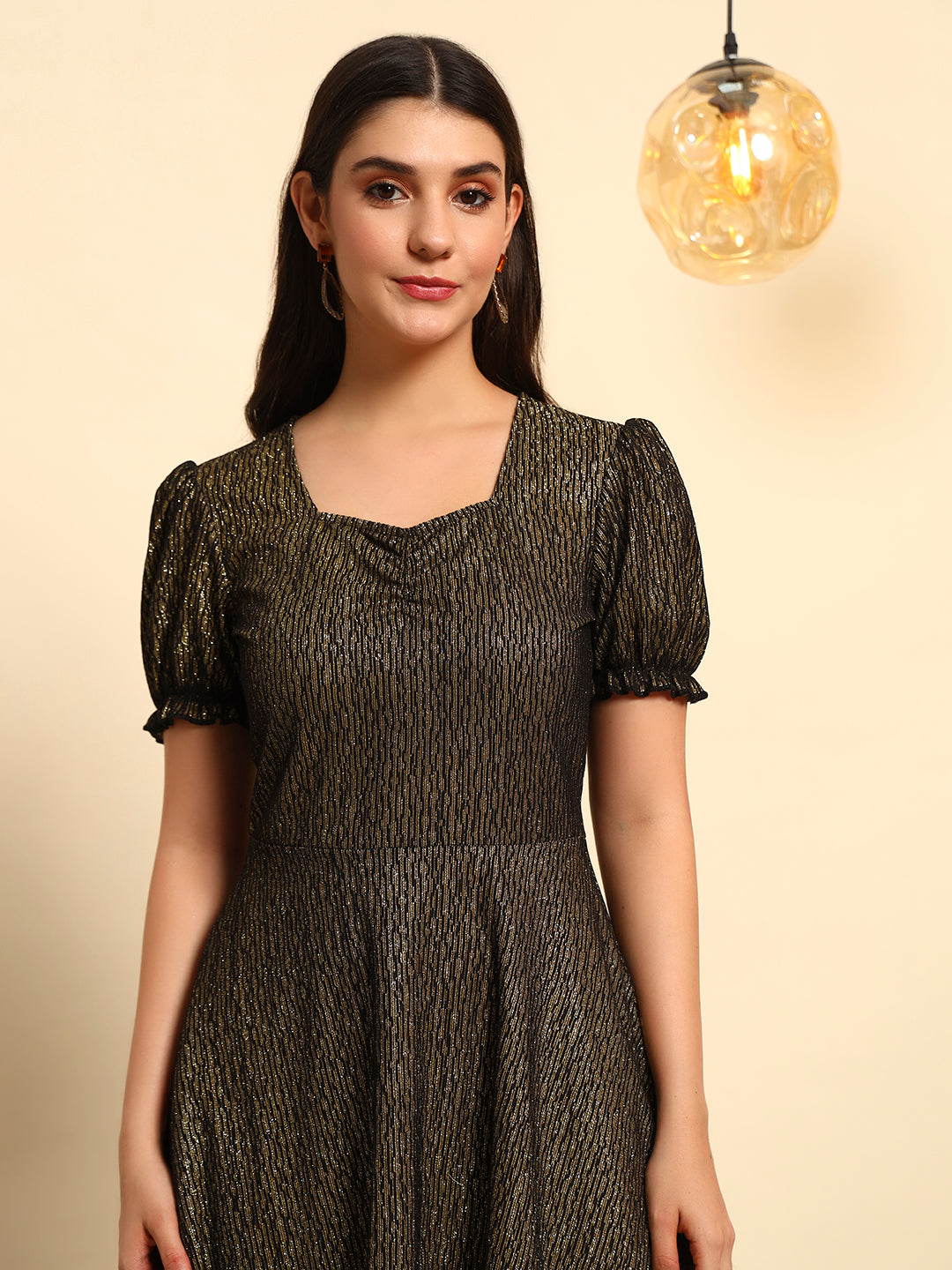 Black Gold Shimmer Fit & Flare Midi Dress
