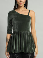 Solid One Shoulder Velvet Peplum Top