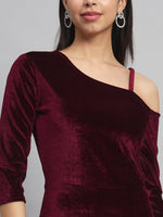 Velvet One Cold Shoulder Bodycon Party Dress Maroon