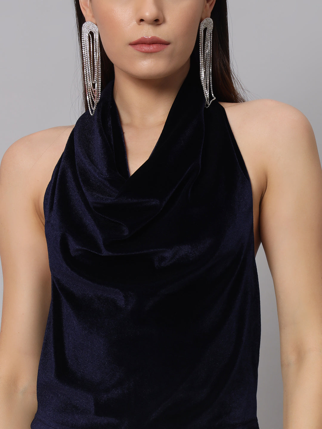 Halter Neck Top Velvet Sleeveless Party Outfit Navy Blue