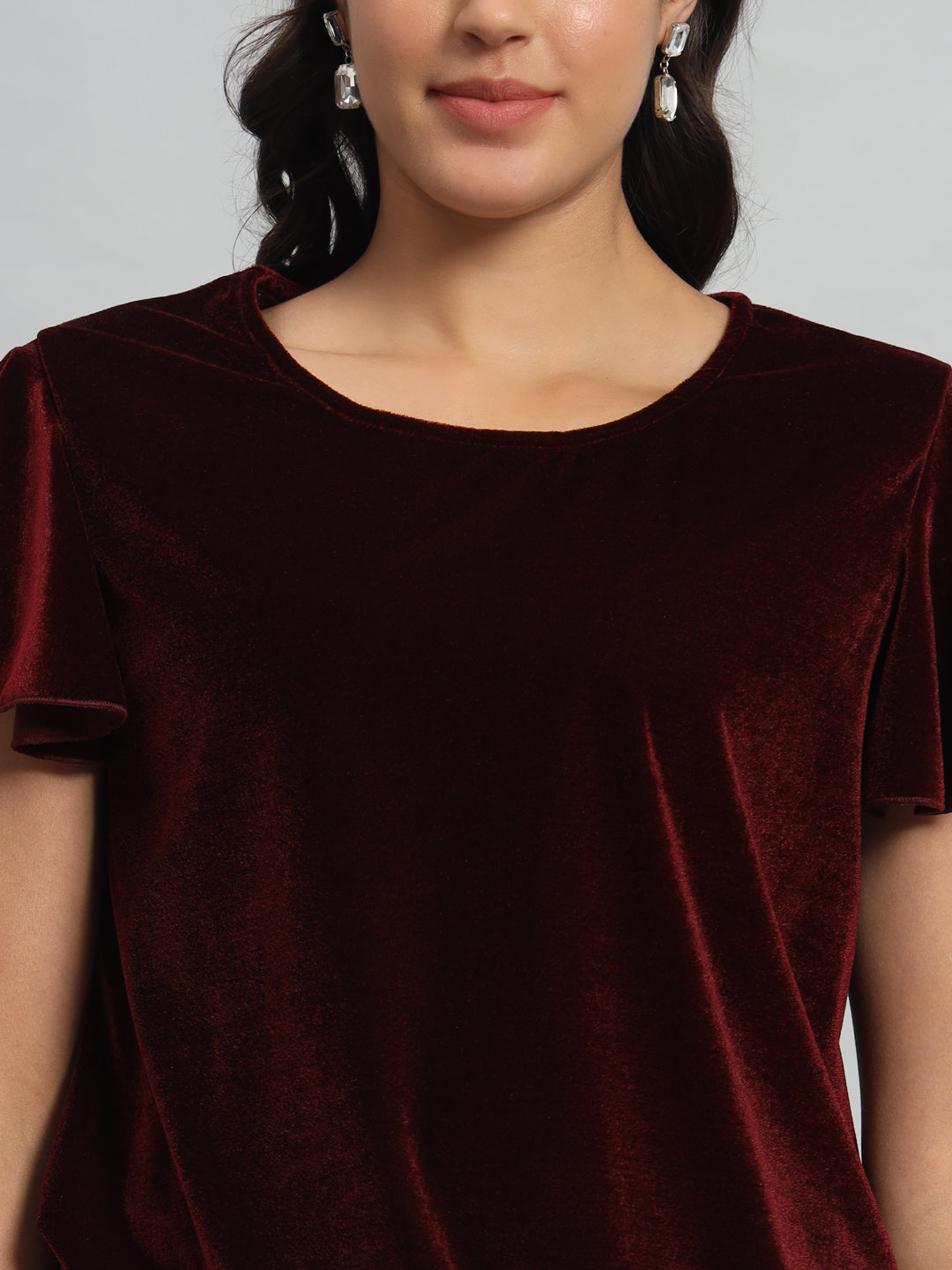 Short Sleeves Ruffles Stylish Party Top Sporty Maroon