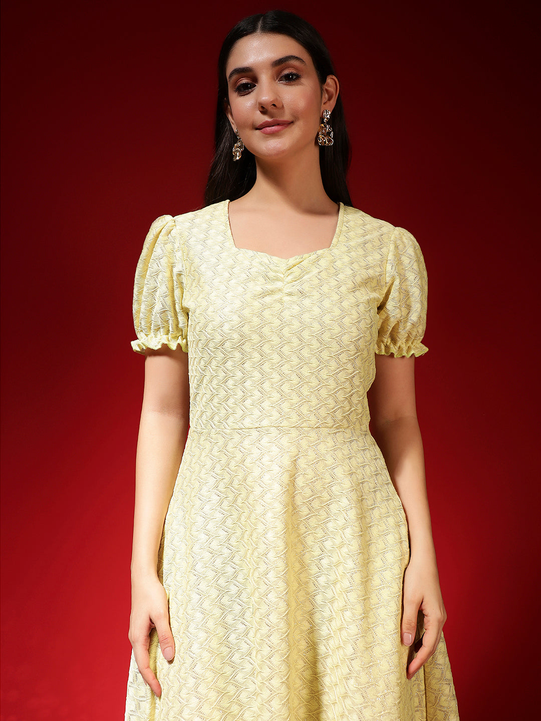 Textured Fit & Flare Midi Dress for Women with Two Side Pockets