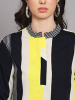 Mandarin Collar Multicolor Striped Crepe Tops