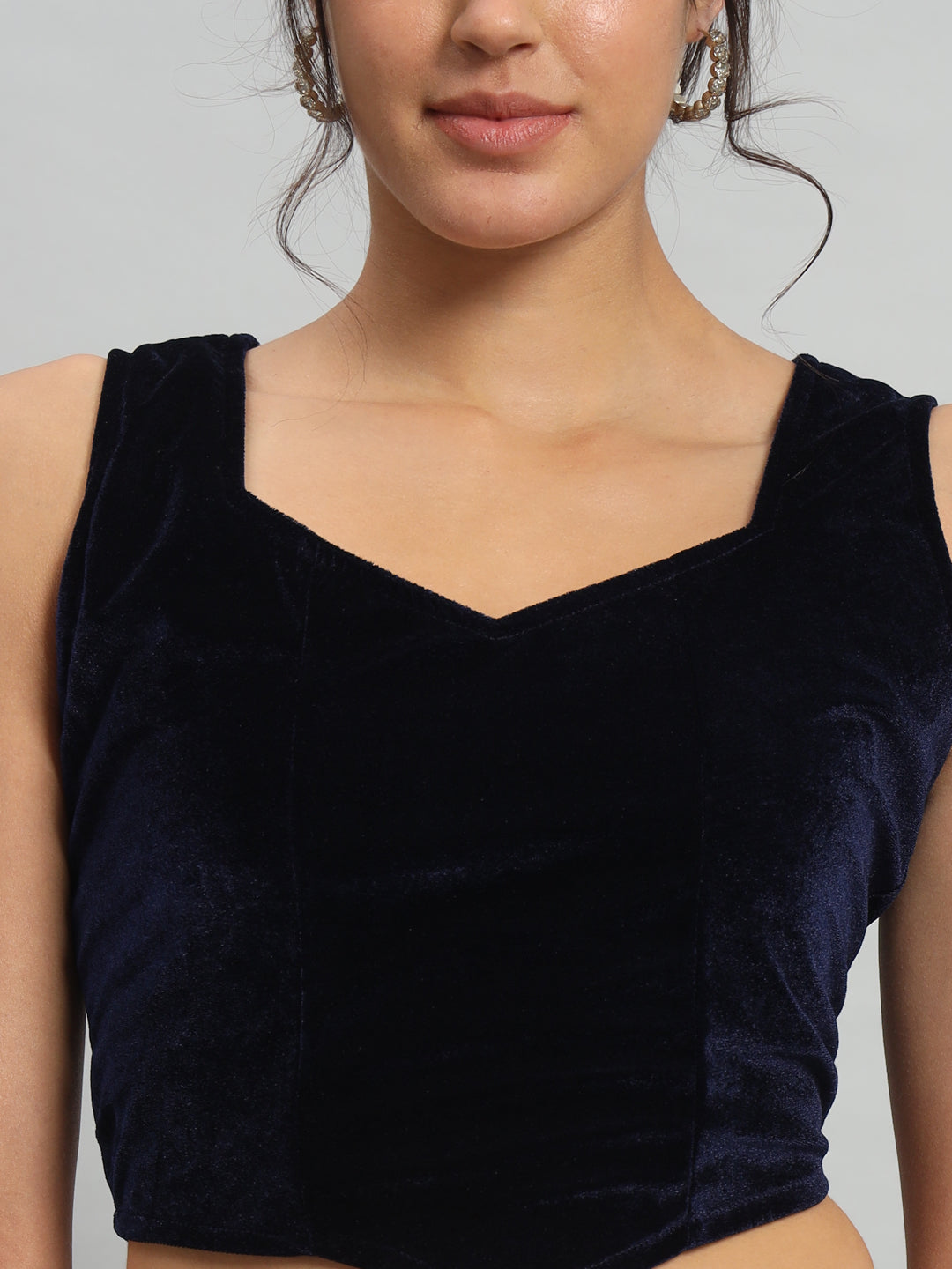 Velvet Sleeveless Readymade Party Blouse Navy Blue