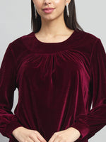 Round Neck Puff Sleeves Blouson Top Maroon