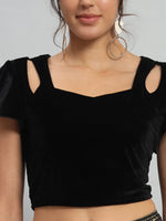 Velvet Flared Sleeves Readymade Party Blouse Black