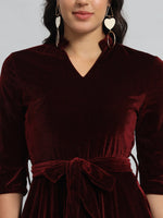 A-Line Quarter Sleeves V-Neck Party Dress Maroon