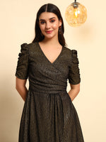 Black Gold Shimmer Wrap Dress with Puff Sleeves