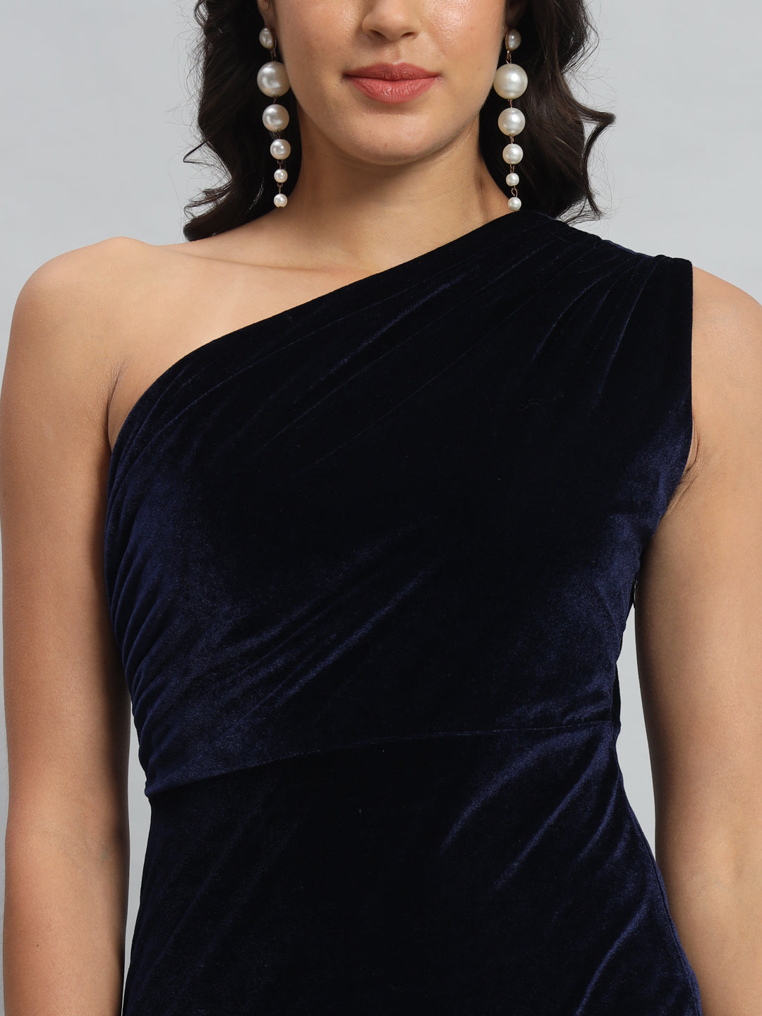 Back Slit Bodycon Party Dress One Shoulder Navy Blue