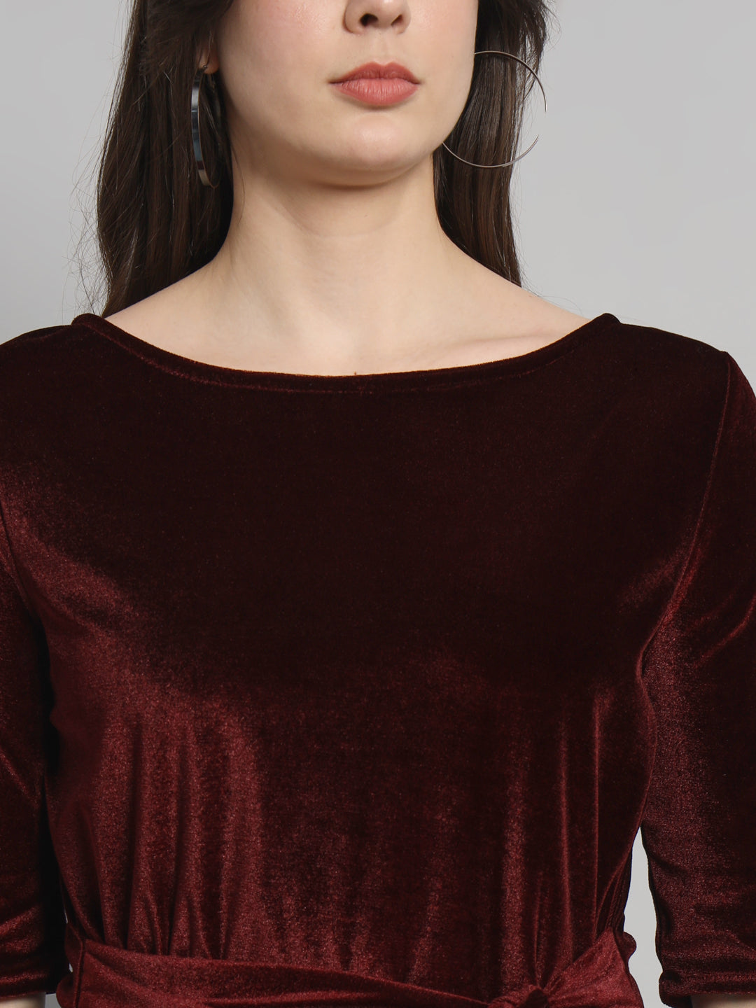 Half Sleeeves Front Tie Waistband Party Top Maroon