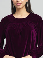 Round Neck Puff Sleeves Blouson Top Wine