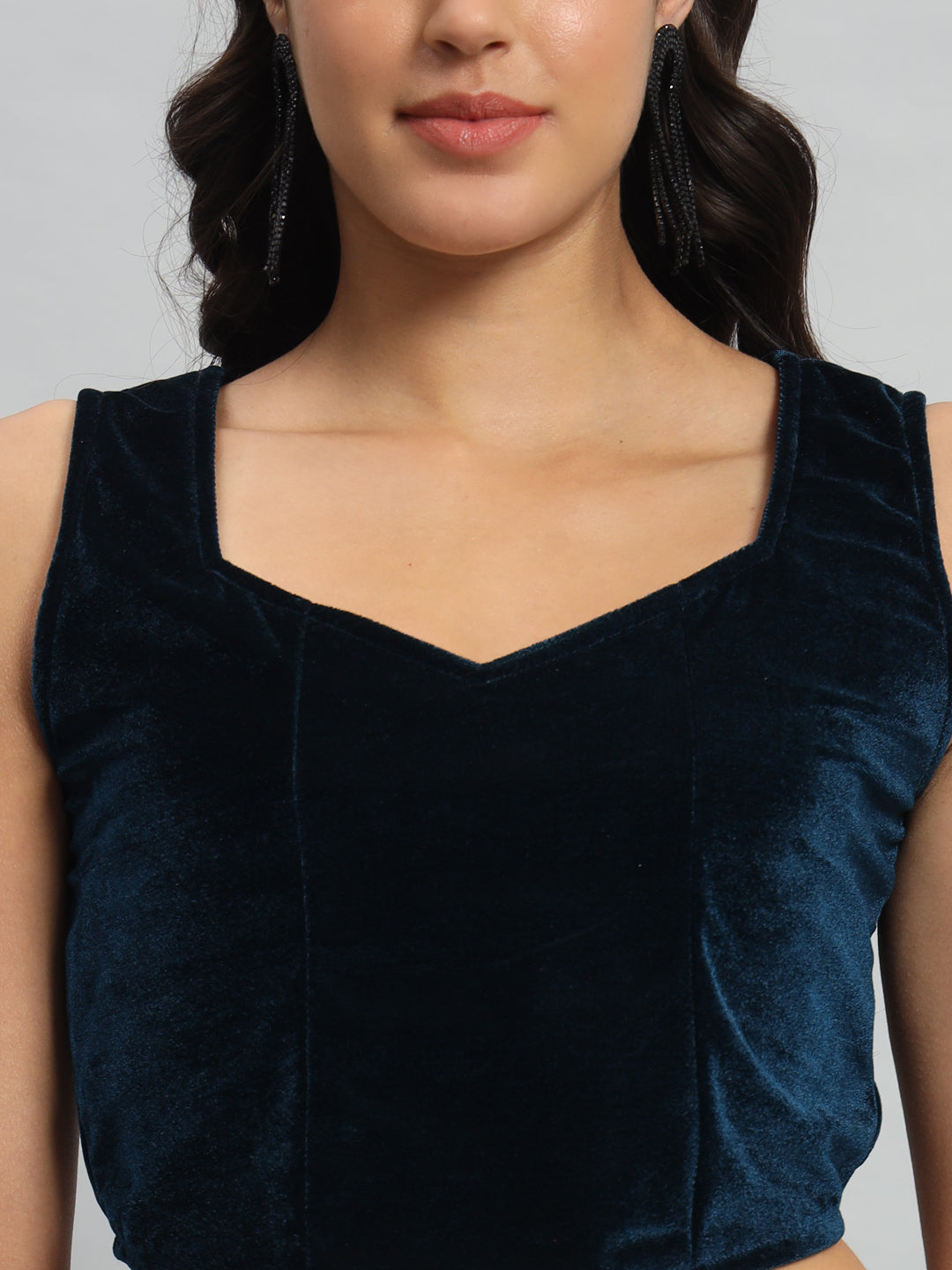 Velvet Sleeveless Readymade Party Blouse Navy Blue