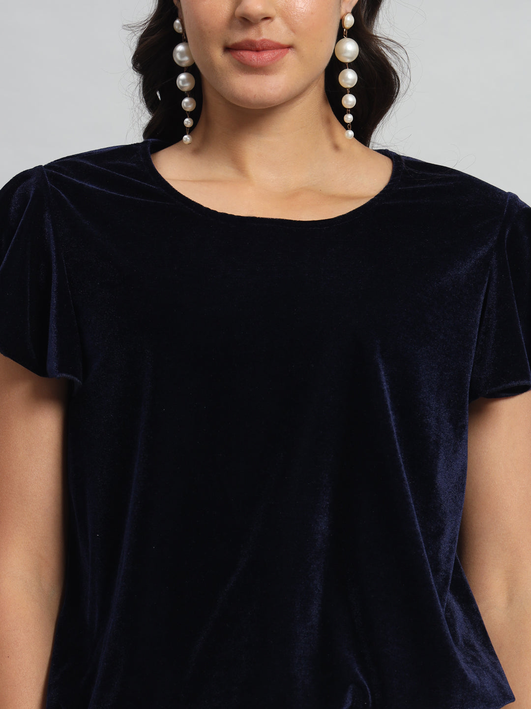 Short Sleeves Ruffles Stylish Party Top Navy Blue