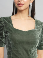 Puff Sleeves Velvet Blouse Tops Dark Olive Green