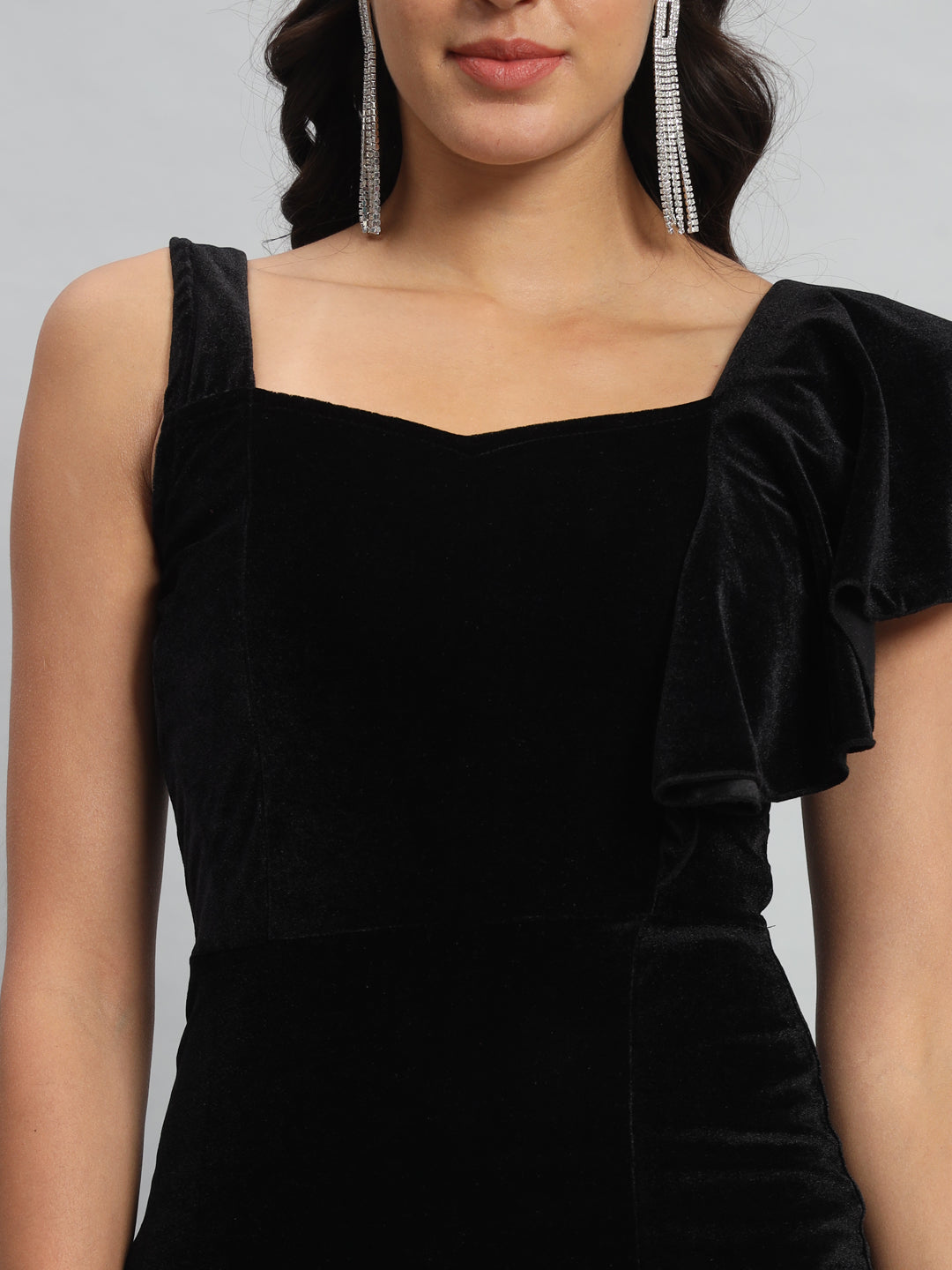 Shoulder Straps Velvet Ruffles Bodycon Midi Dress