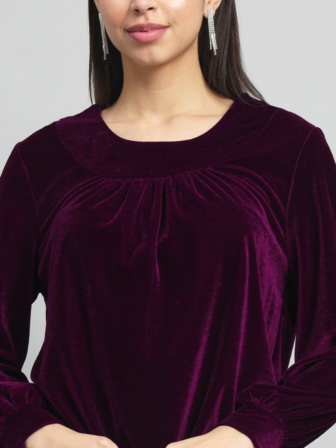 Round Neck Puff Sleeves Blouson Top Maroon