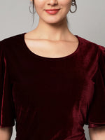 Ruffle Sleeves Fish Cut Velvet Party Dress Maroon