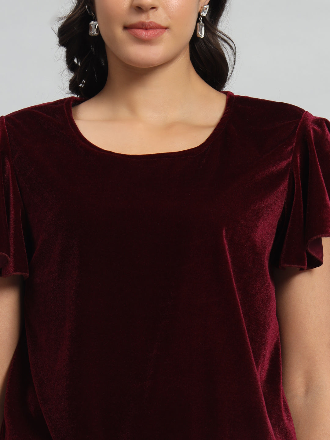 Short Sleeves Ruffles Stylish Party Top Wine