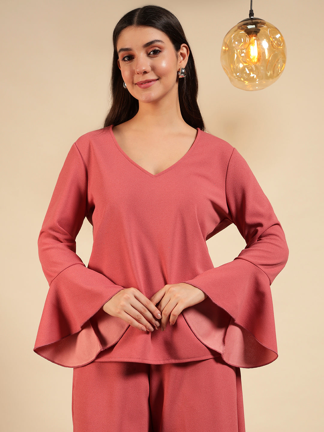 Flared Sleeve Top & Wide-Leg Pants Co-ord Set