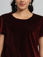 Short Sleeves Ruffles Stylish Party Top Maroon