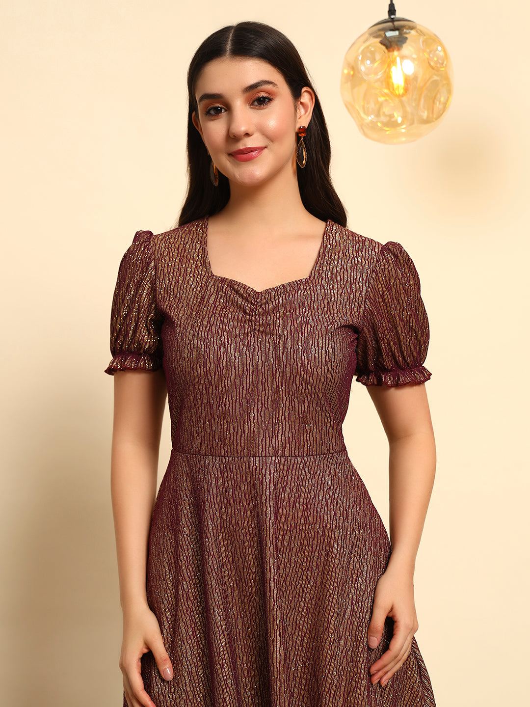 Plum Gold Shimmer Fit & Flare Midi Dress