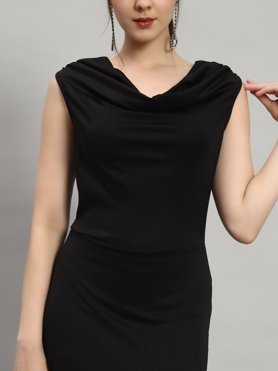 Lycra Cowl Neck Bodycon Maxi Sleeveless Party Dress Black