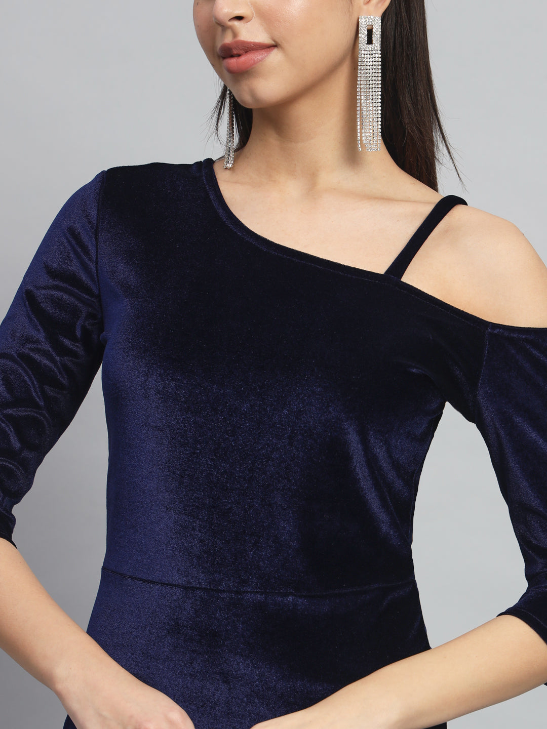 Velvet One Cold Shoulder Bodycon Party Dress Navy Blue