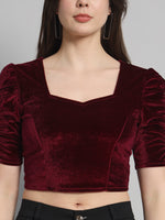 Puff Sleeves Velvet Blouse Tops Sporty Maroon