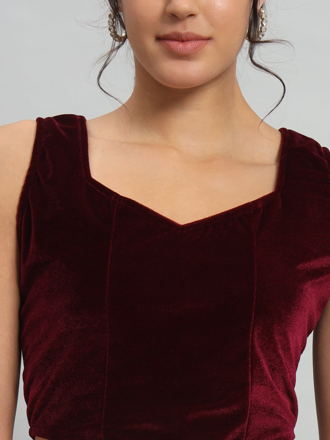 Velvet Sleeveless Readymade Party Blouse Wine