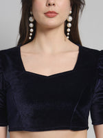 Puff Sleeves Velvet Blouse Tops Navy Blue