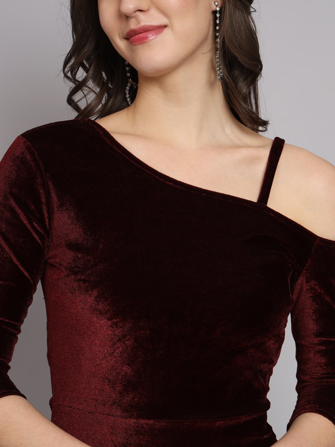 Velvet One Cold Shoulder Bodycon Party Dress Maroon