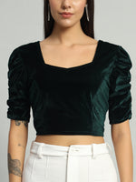 Puff Sleeves Velvet Blouse Tops Dark Green