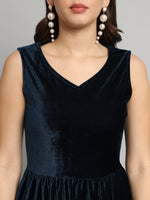 A-Line Velvet V-Neck Tops Sleeveless Party Dress Peacock Blue