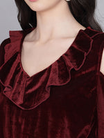 Cold Shoulder Sleeves Velvet Blouse Tops Maroon