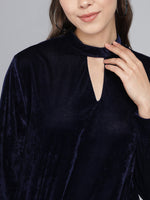 Keyhole Choker Neck Cuffed Sleeves Top Navy Blue