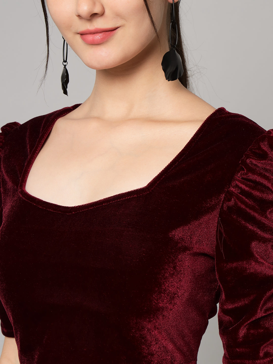 Puff Sleeves Velvet Blouse Tops Maroon