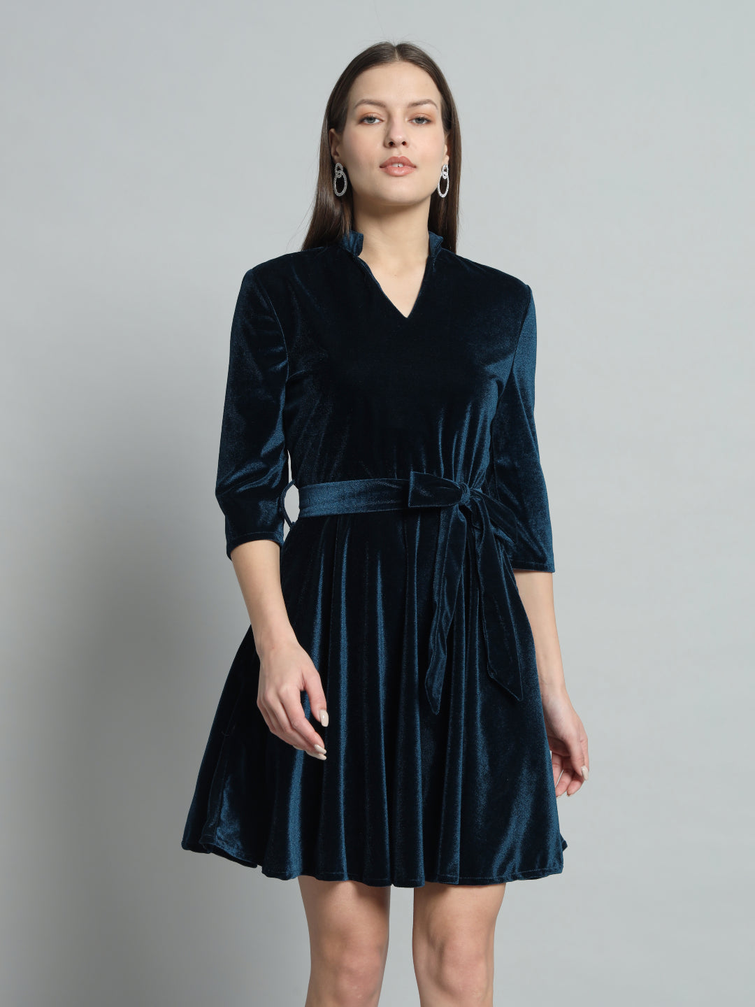 A-Line Quarter Sleeves V-Neck Party Dress Peacock Blue