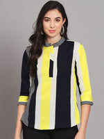 Mandarin Collar Multicolor Striped Crepe Tops