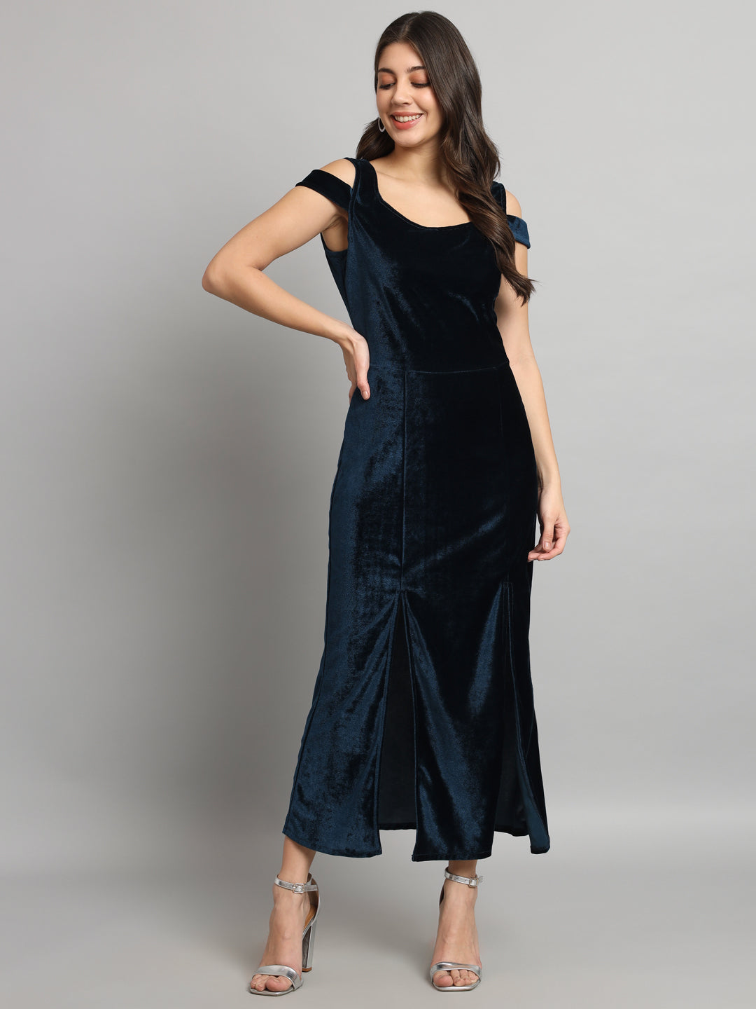 Maxi Style Cold Shoulder Bodycon Party Dress Peacock Blue