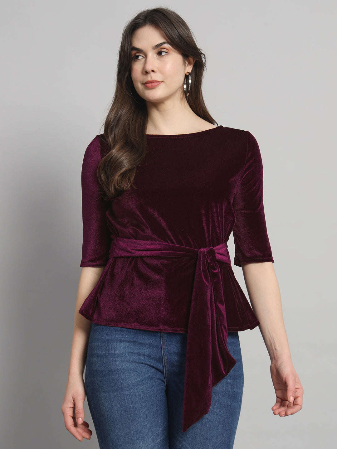 Half Sleeeves Front Tie Waistband Party Top Maroon