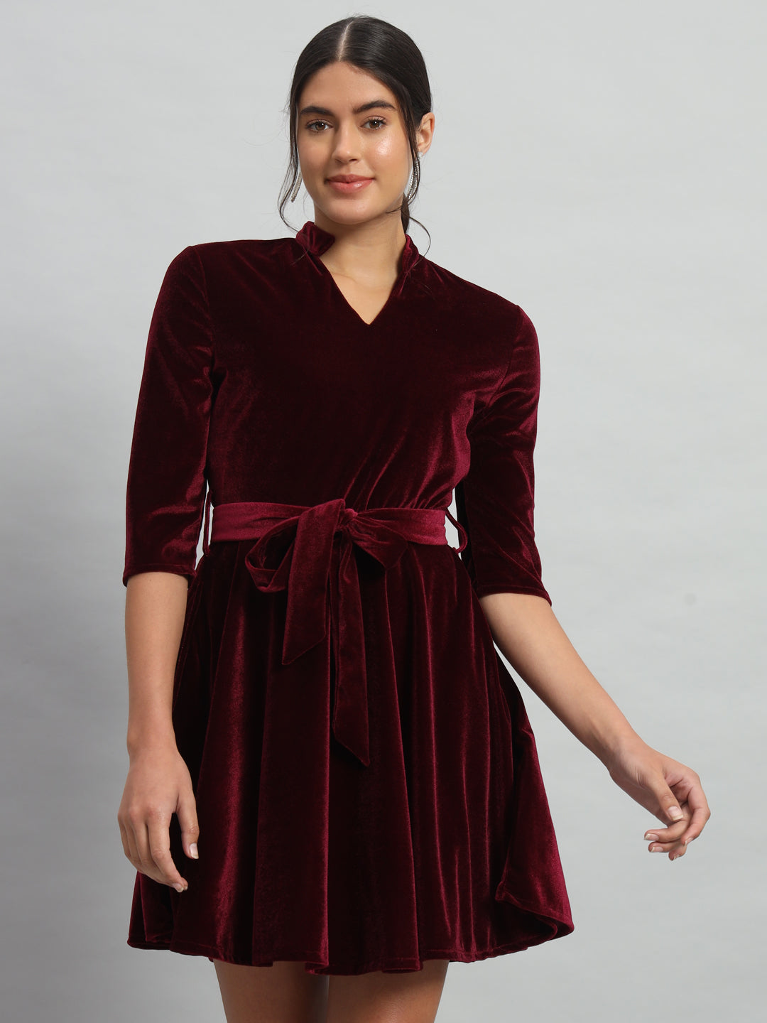 A-Line Quarter Sleeves V-Neck Party Dress Maroon