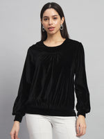 Round Neck Puff Sleeves Blouson Top Black