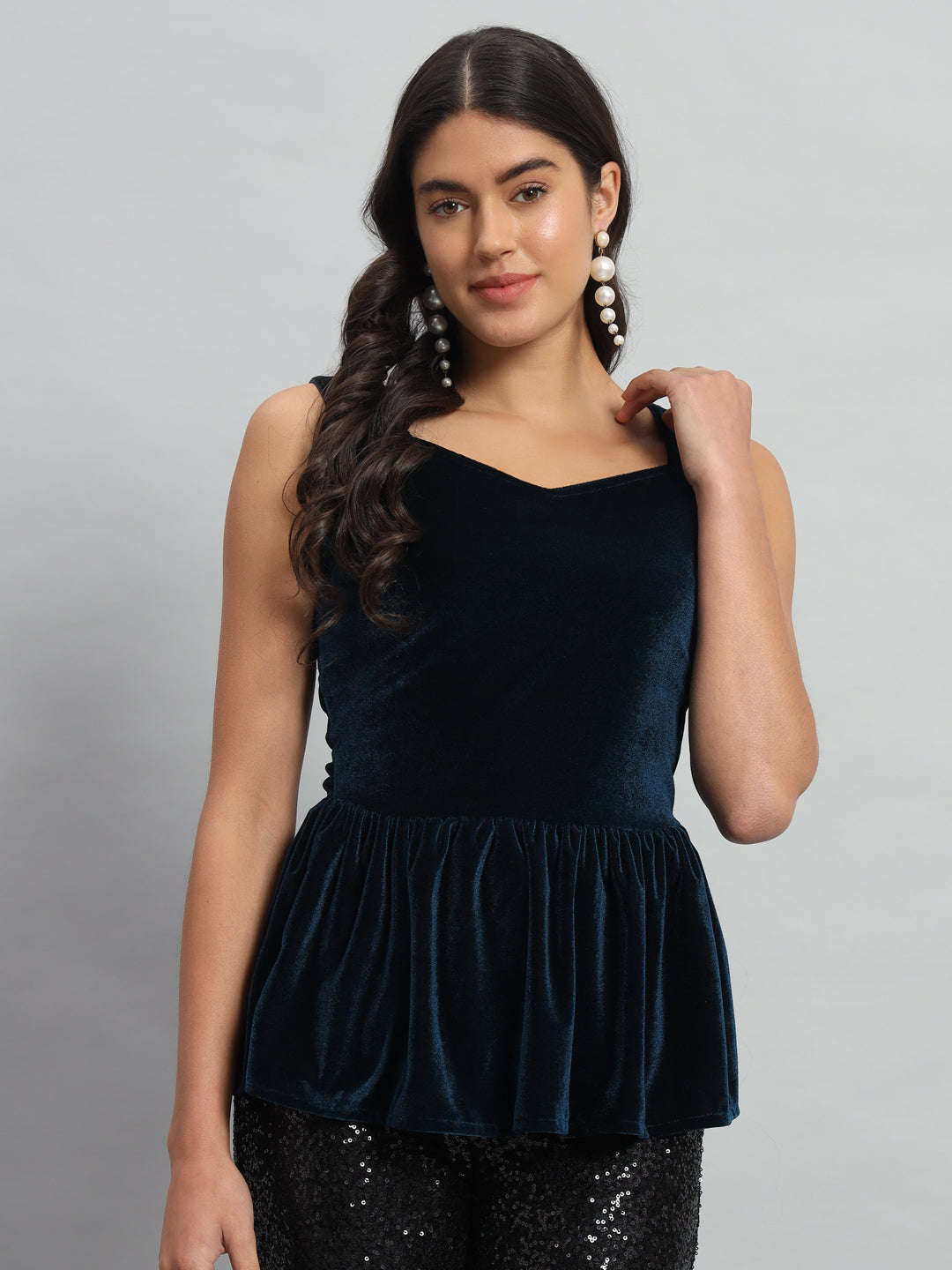 Waistline Ruffle Sleeveless Party Top Peacock Blue