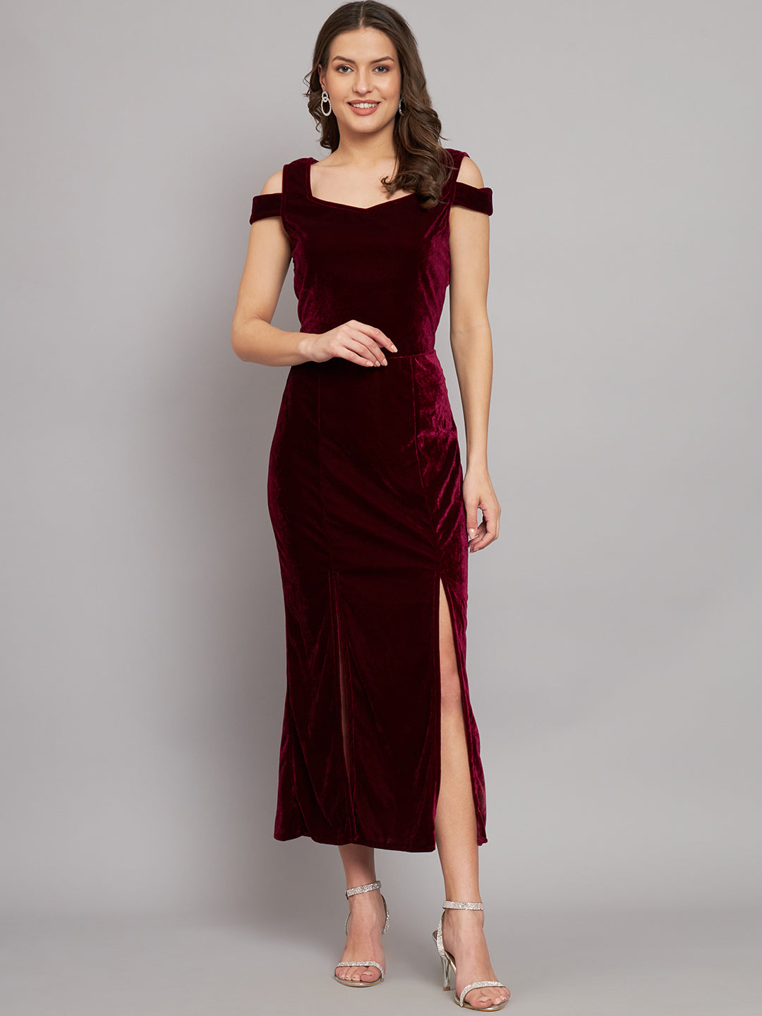 Maxi Style Cold Shoulder Bodycon Party Dress Wine